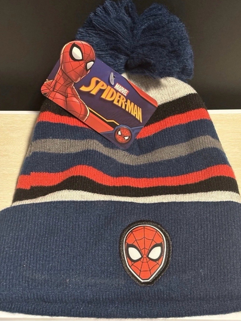 Marvel Spider-Man Kids Blue, Red & Gray Pom Beanie